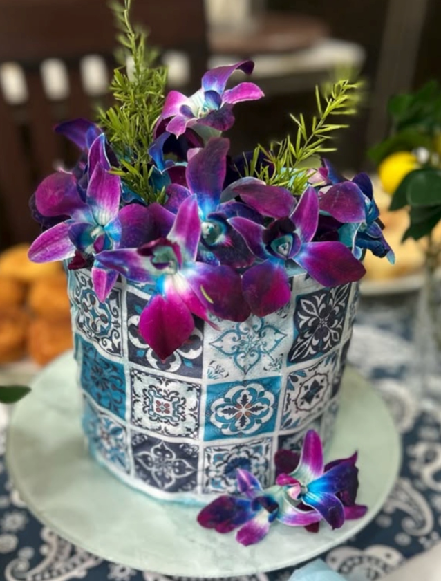 Blue Mosaic Tile Cake with Fresh Orchids